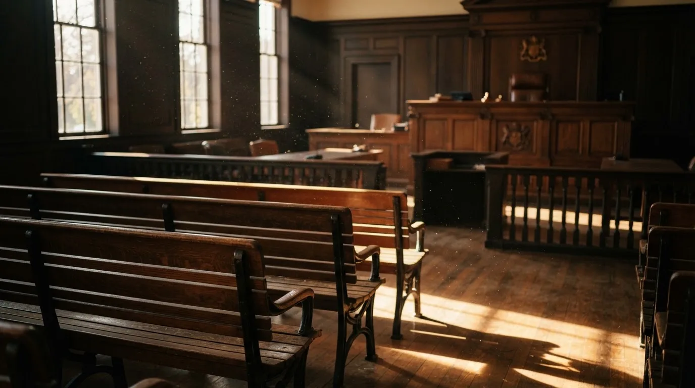 An empty courtroom with wooden benches in morning light