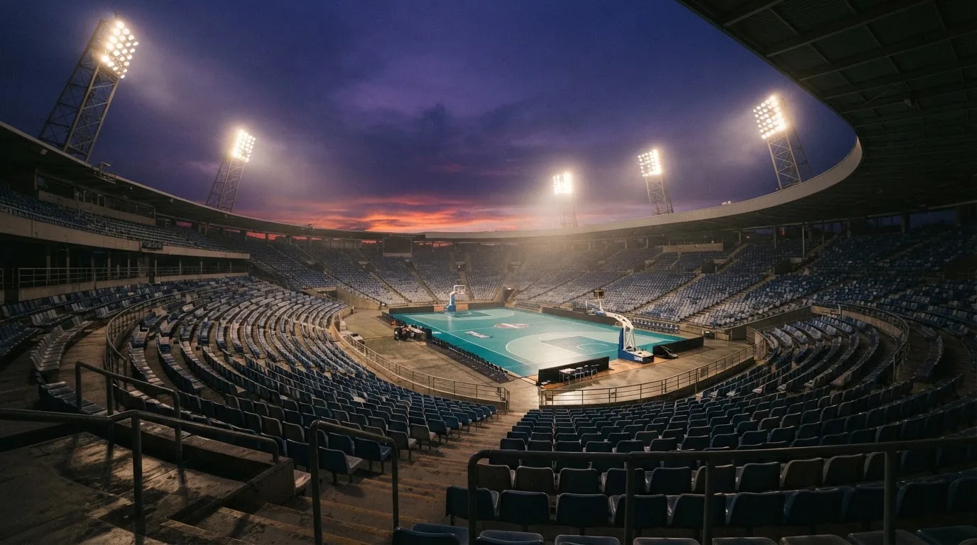 An empty football stadium with floodlight masts at dusk