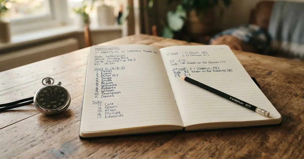 An open notebook with a pencil and a stopwatch on a wooden table