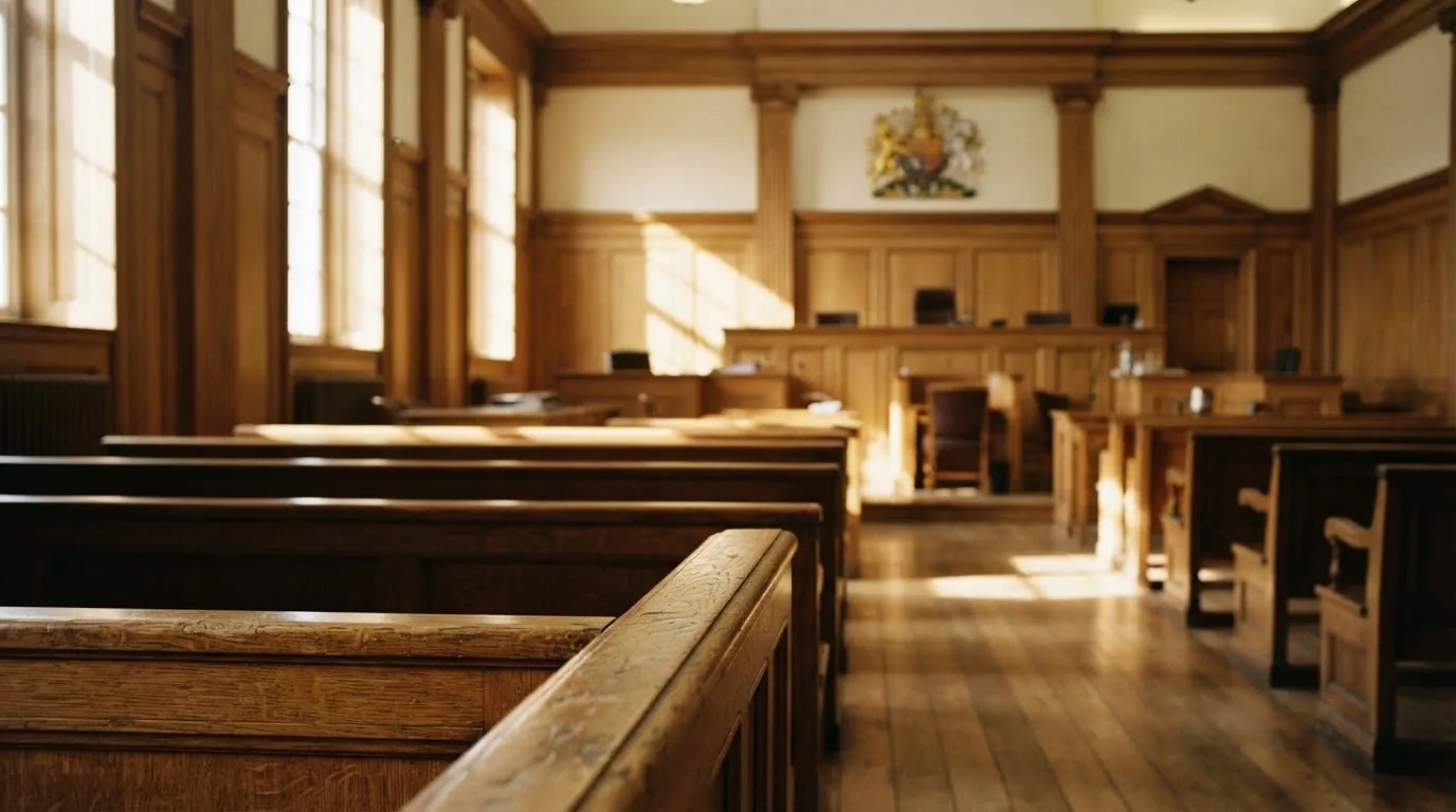 An empty courtroom with wooden benches in morning light