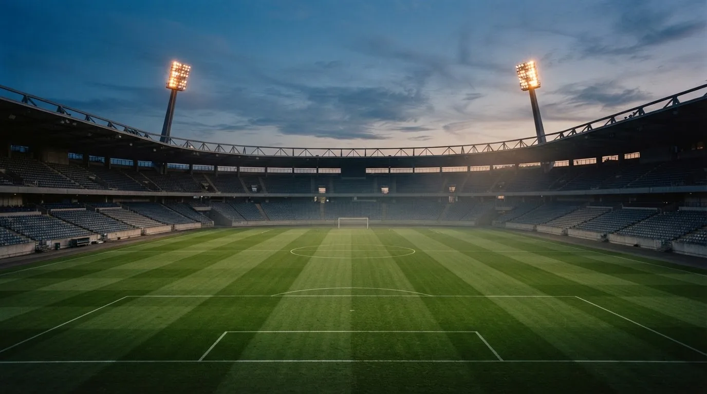 An empty football stadium with floodlight masts at dusk