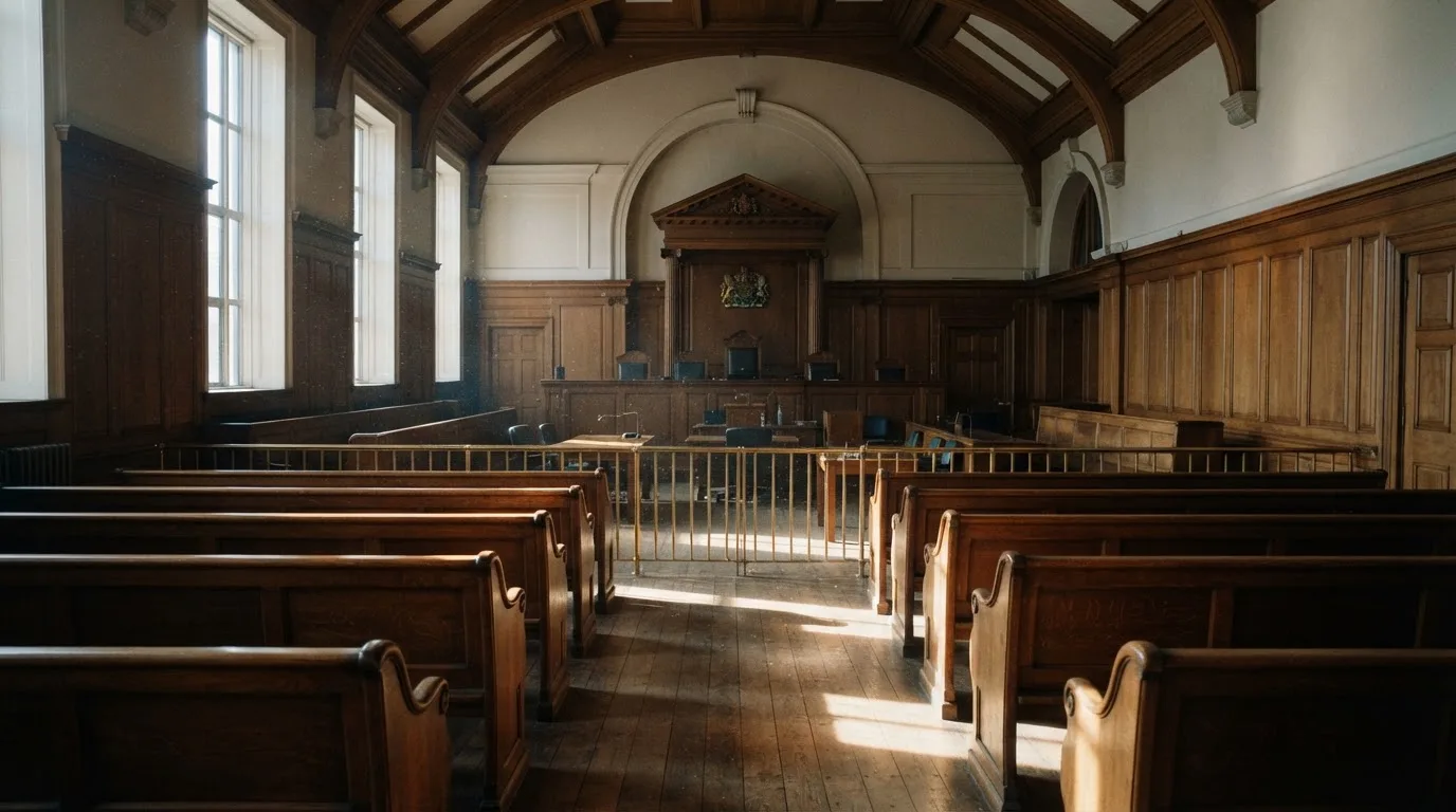 An empty courtroom with wooden benches in morning light