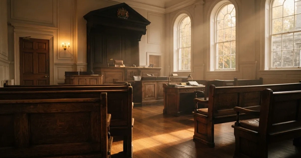 An empty courtroom with wooden benches in morning light