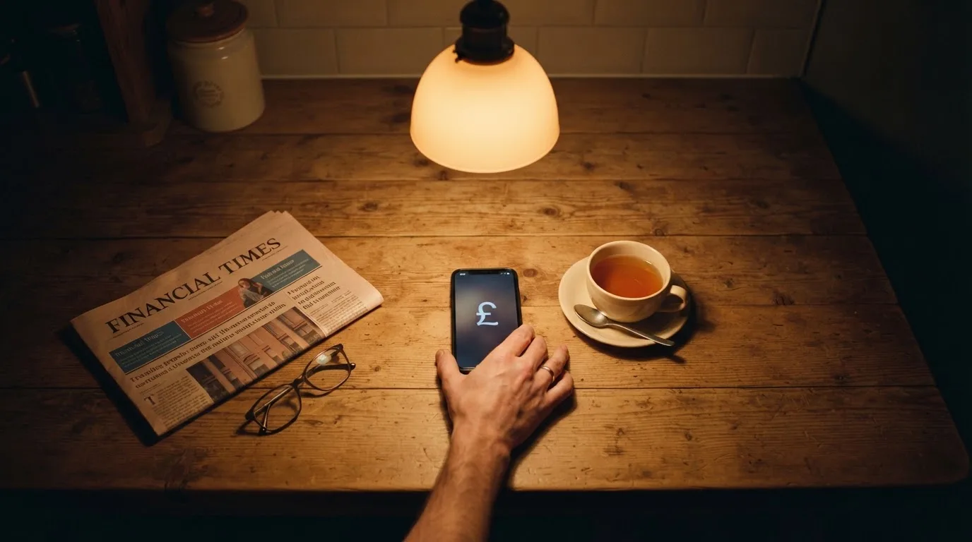 A hand setting a smartphone down beside a cup of tea on a kitchen table on a quiet evening