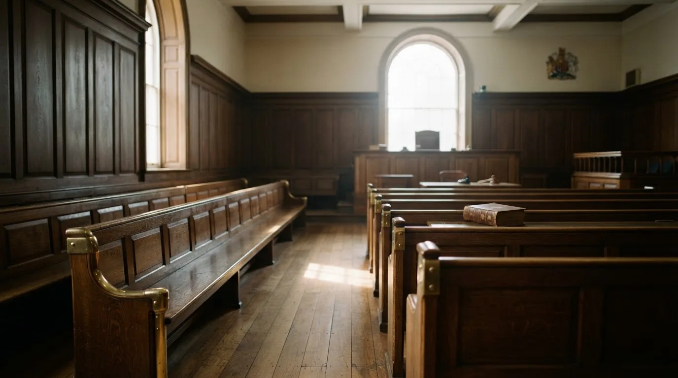 An empty courtroom with wooden benches in morning light