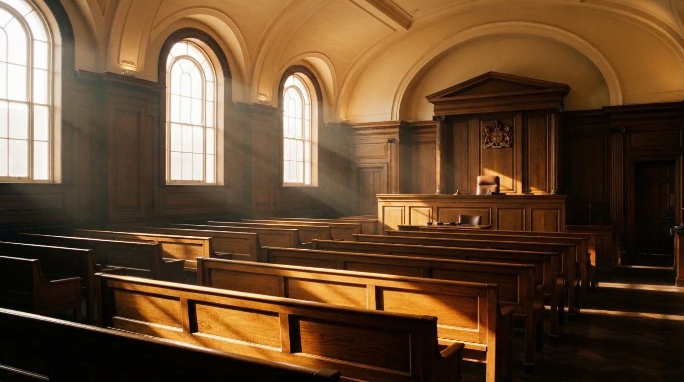 An empty courtroom with wooden benches in morning light