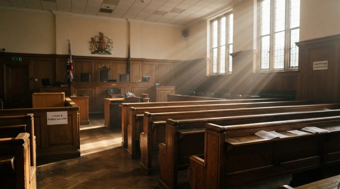 An empty courtroom with wooden benches in morning light