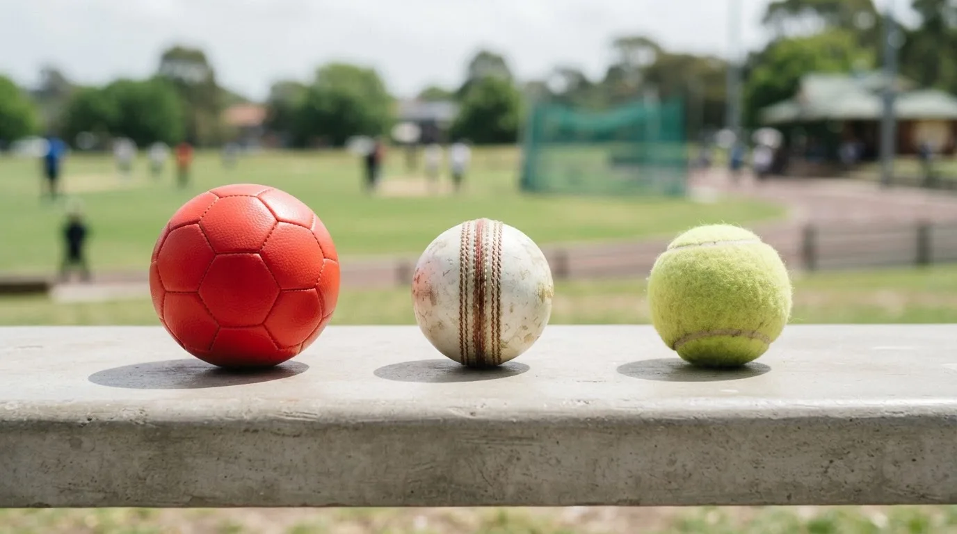 Three balls of different kinds side by side on a wooden bench