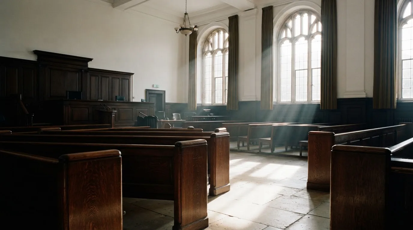 An empty courtroom with wooden benches in morning light