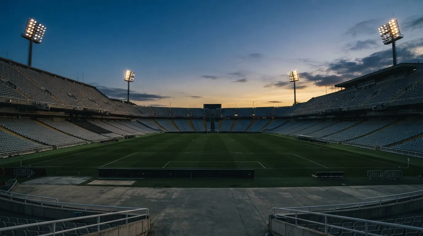 An empty football stadium with floodlight masts at dusk