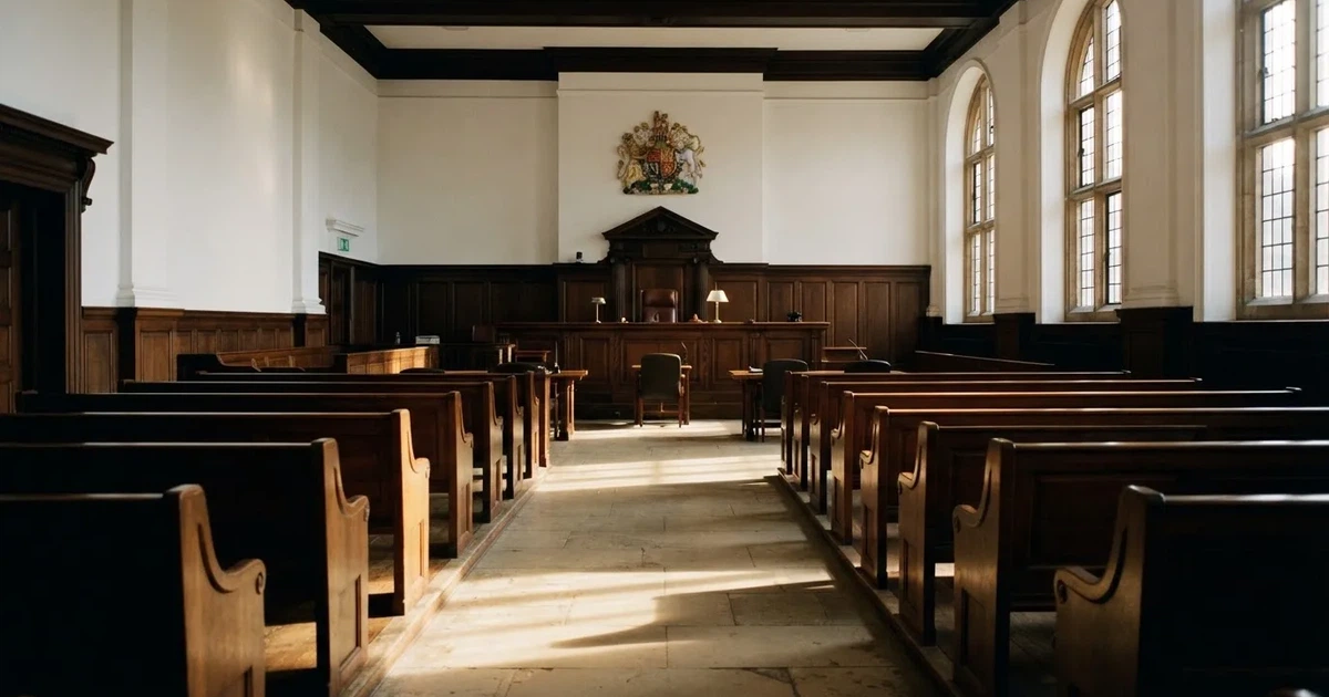 An empty courtroom with wooden benches in morning light