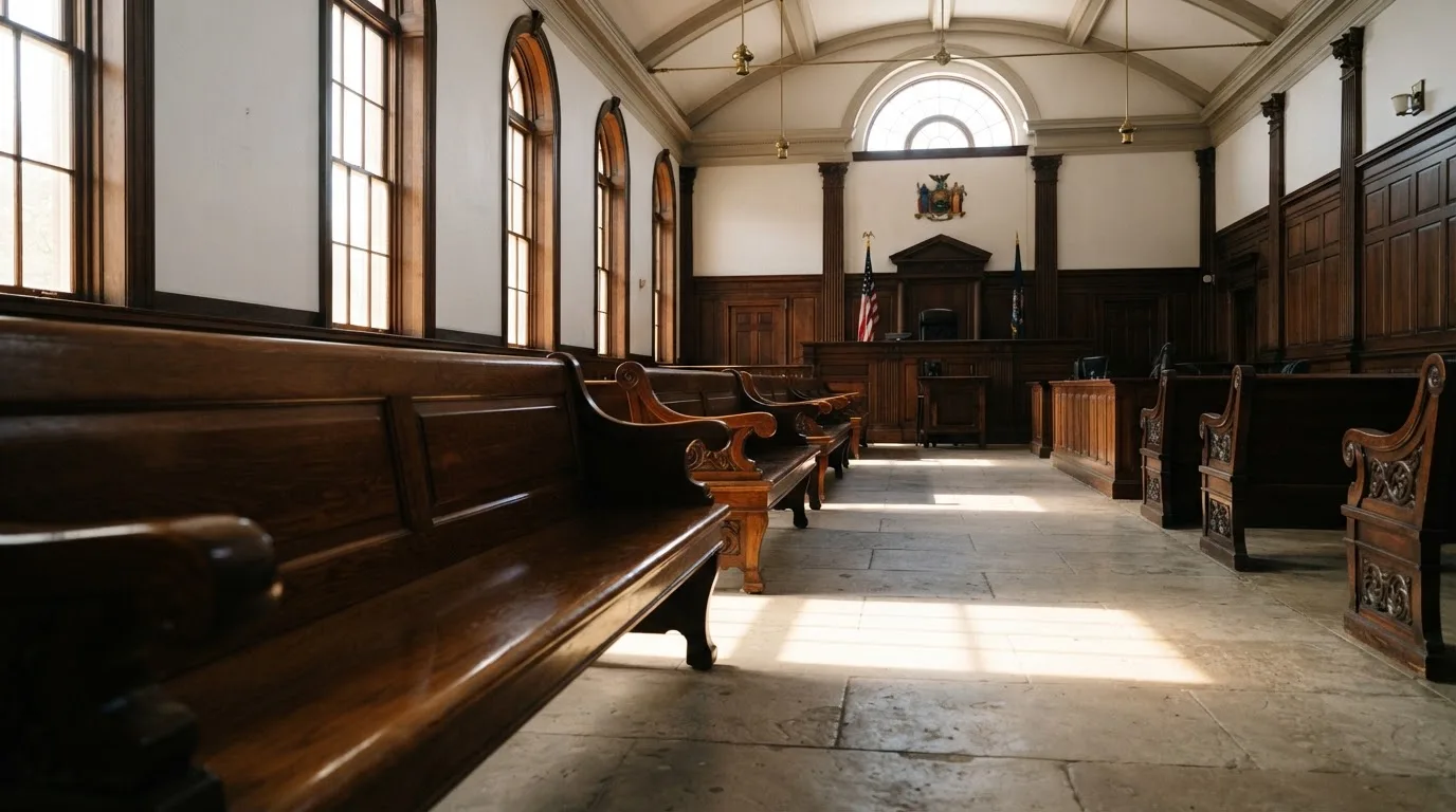 An empty courtroom with wooden benches in morning light