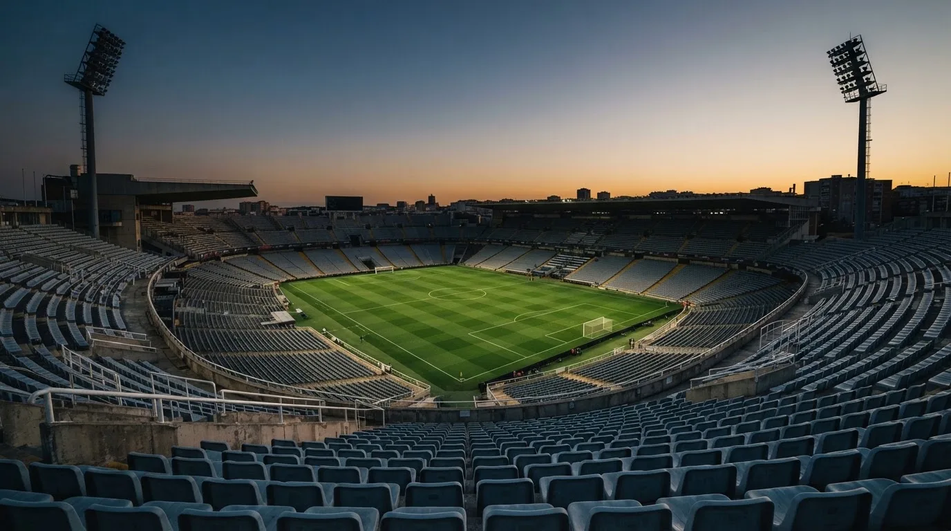 An empty football stadium with floodlight masts at dusk