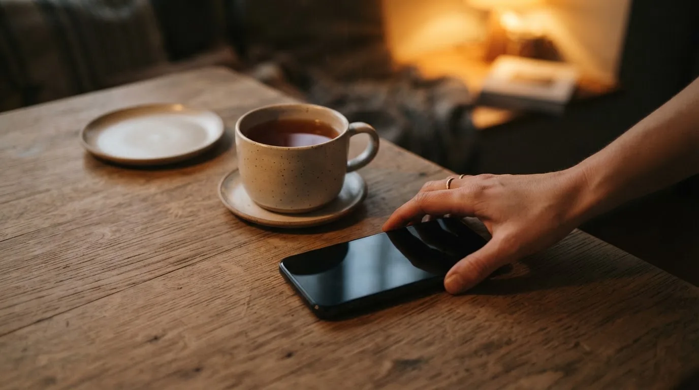 A hand setting a smartphone down beside a cup of tea on a kitchen table on a quiet evening