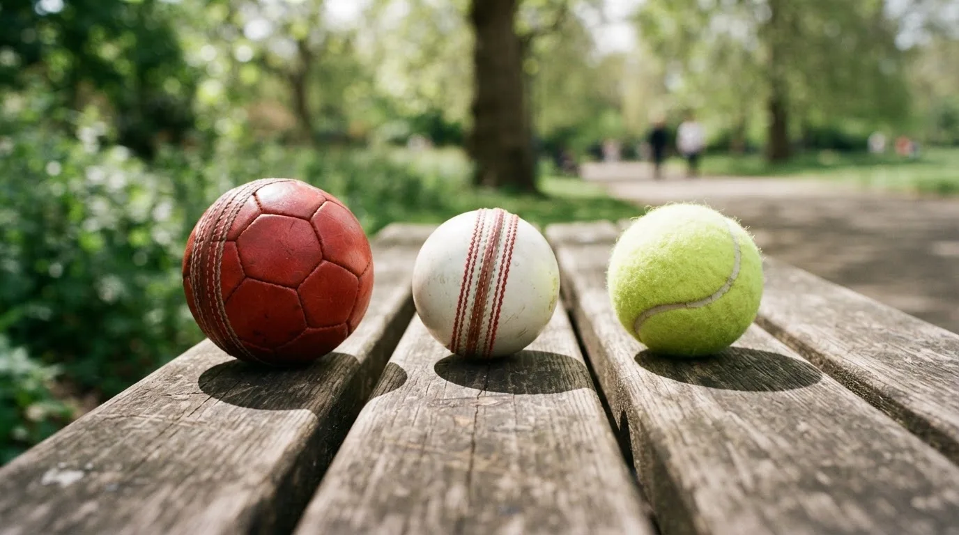 Three balls of different kinds side by side on a wooden bench