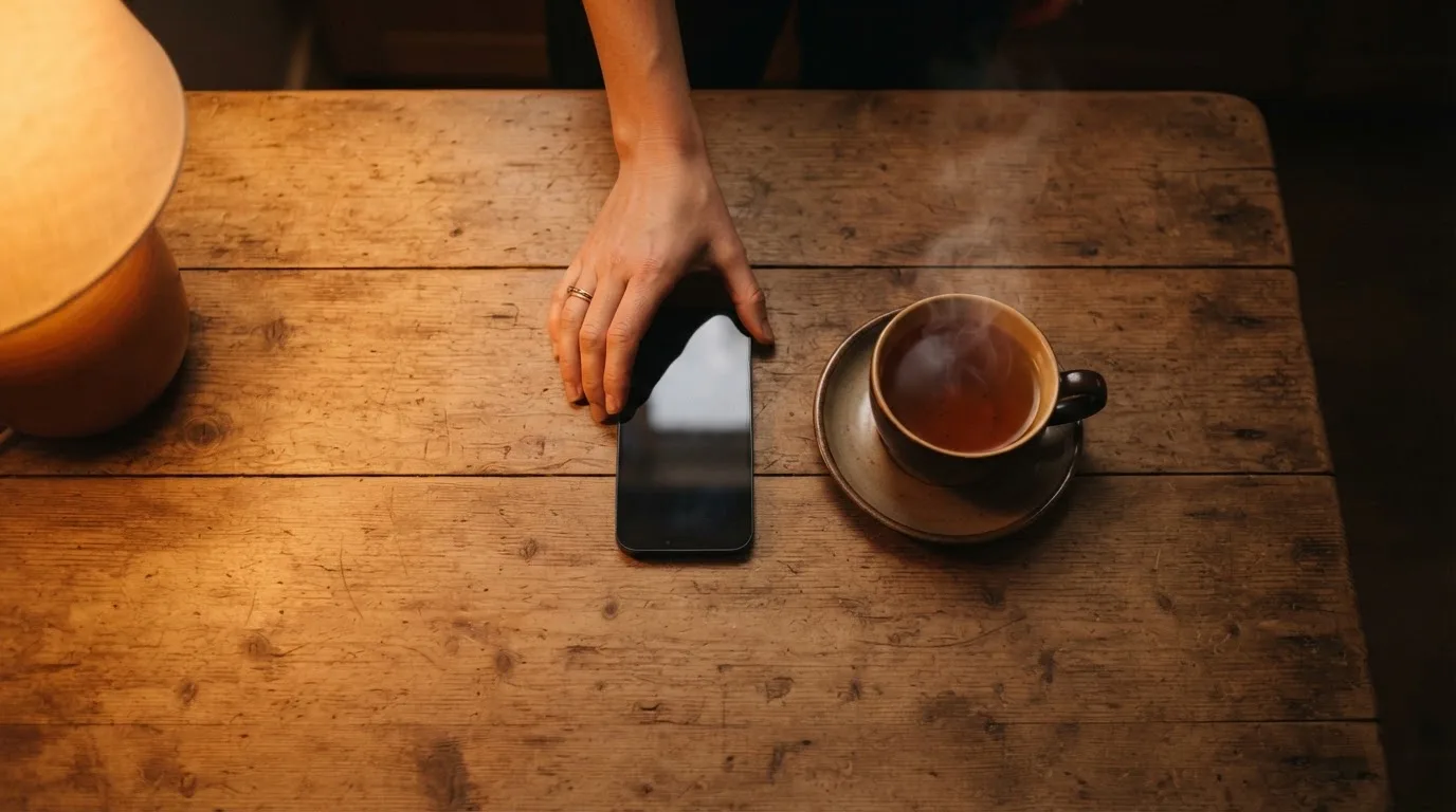 A hand setting a smartphone down beside a cup of tea on a kitchen table on a quiet evening