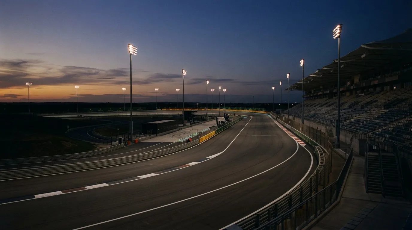 An empty football stadium with floodlight masts at dusk