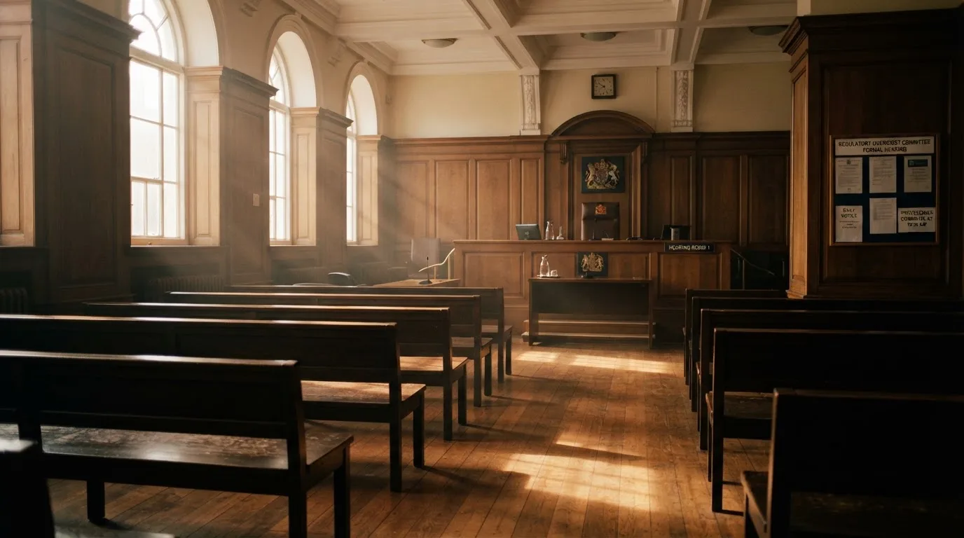 An empty courtroom with wooden benches in morning light