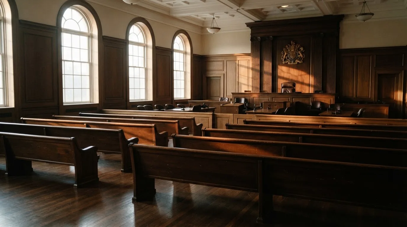 An empty courtroom with wooden benches in morning light