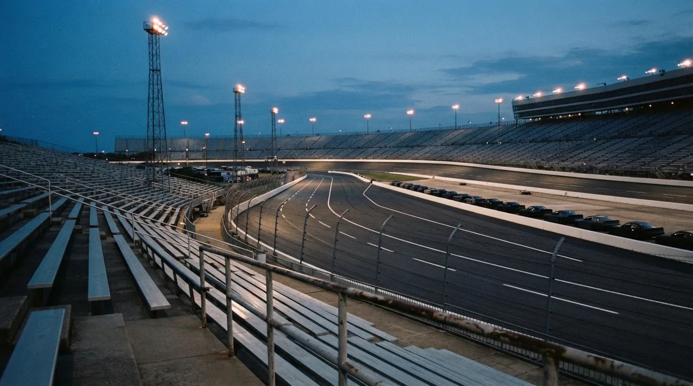 An empty football stadium with floodlight masts at dusk