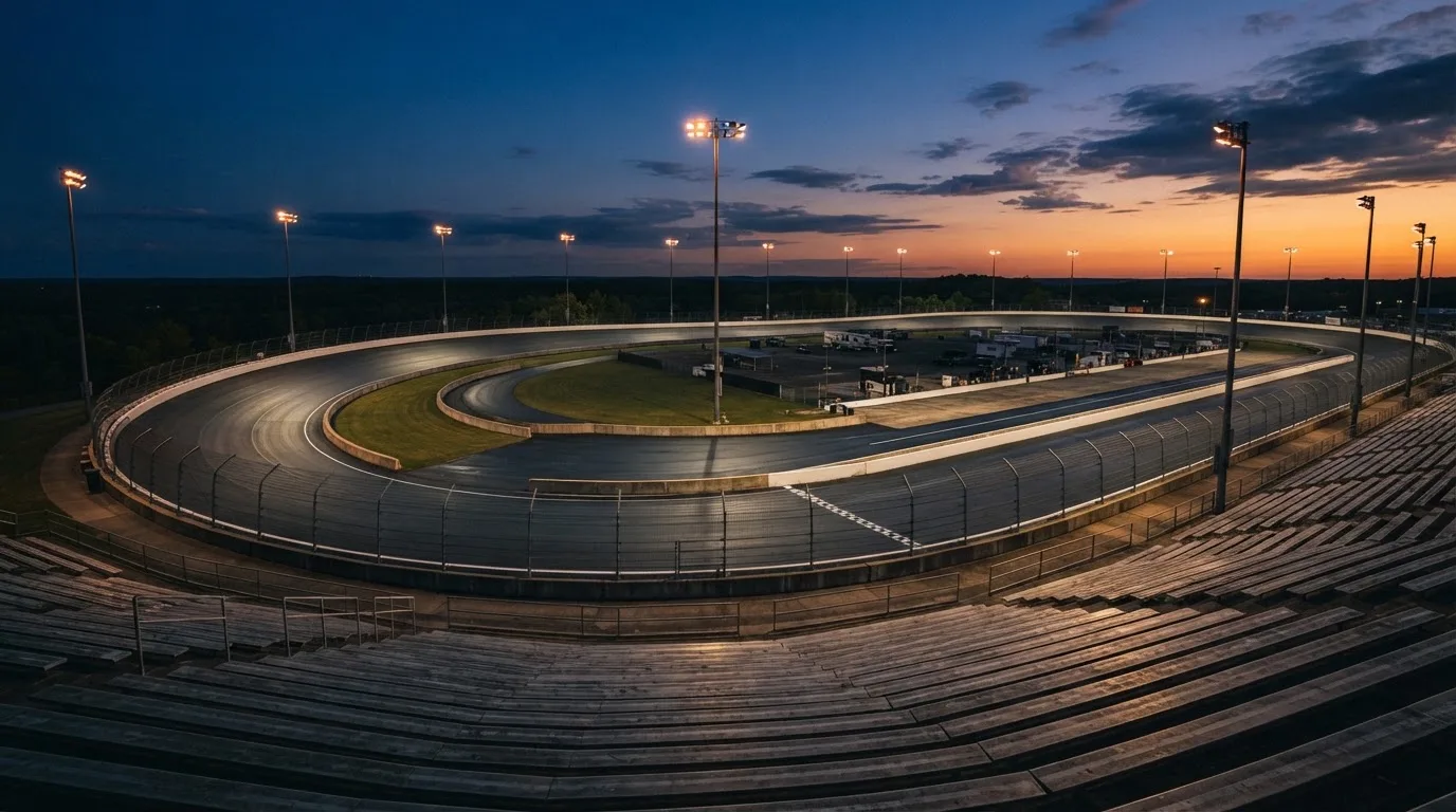 An empty football stadium with floodlight masts at dusk