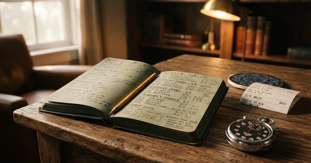 An open notebook with a pencil and a stopwatch on a wooden table