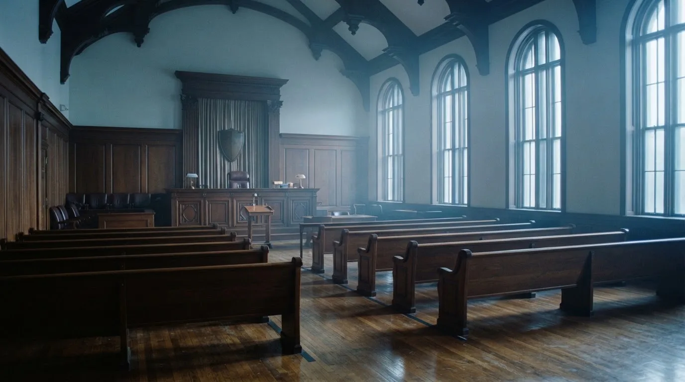 An empty courtroom with wooden benches in morning light