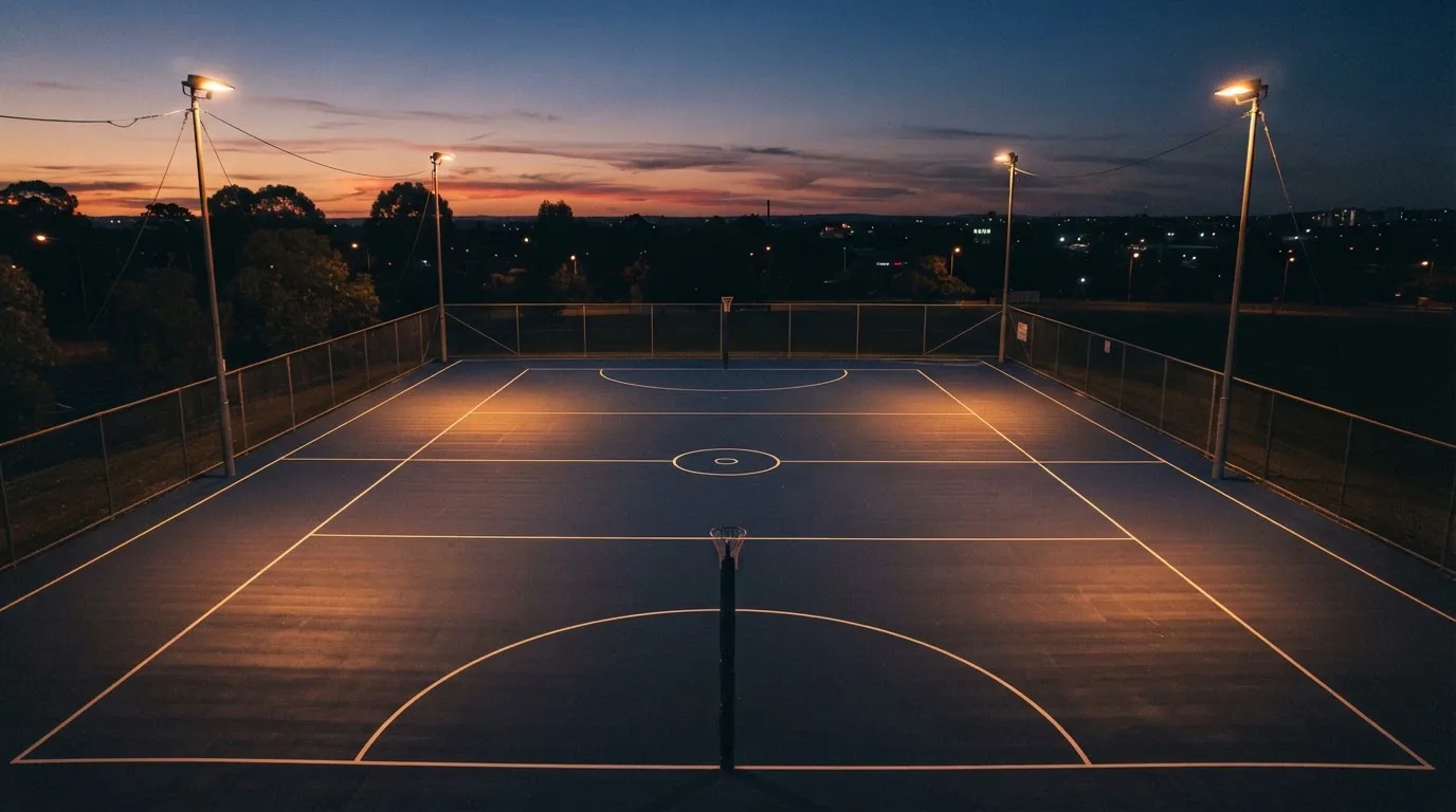 An empty football stadium with floodlight masts at dusk