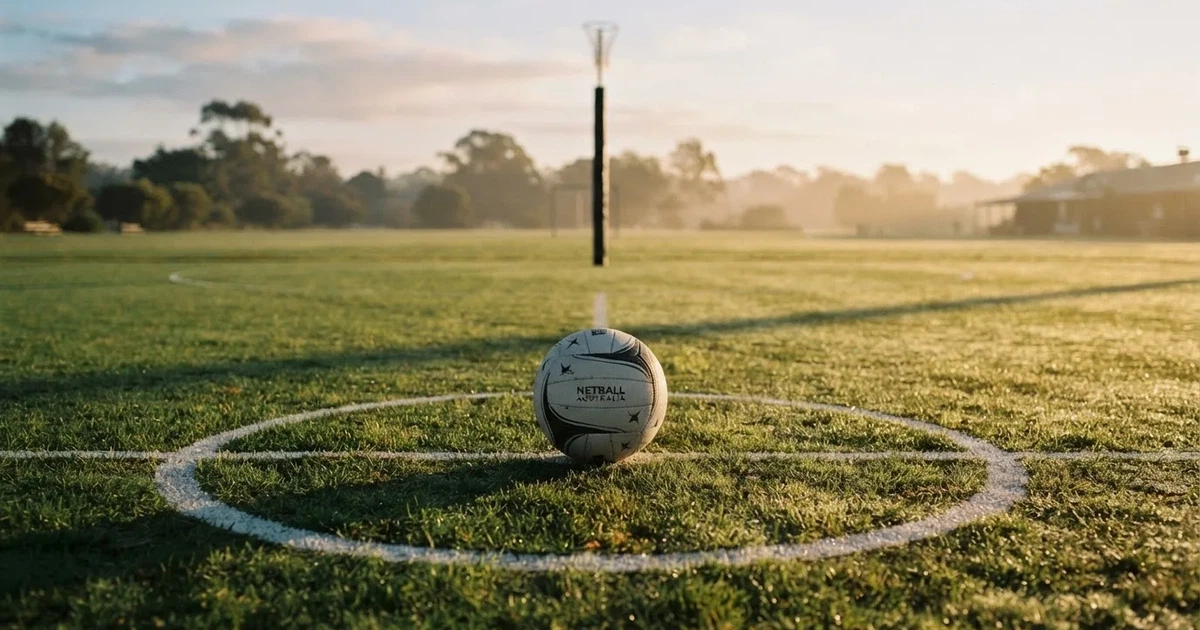 A ball on the centre spot of a grass pitch in morning light