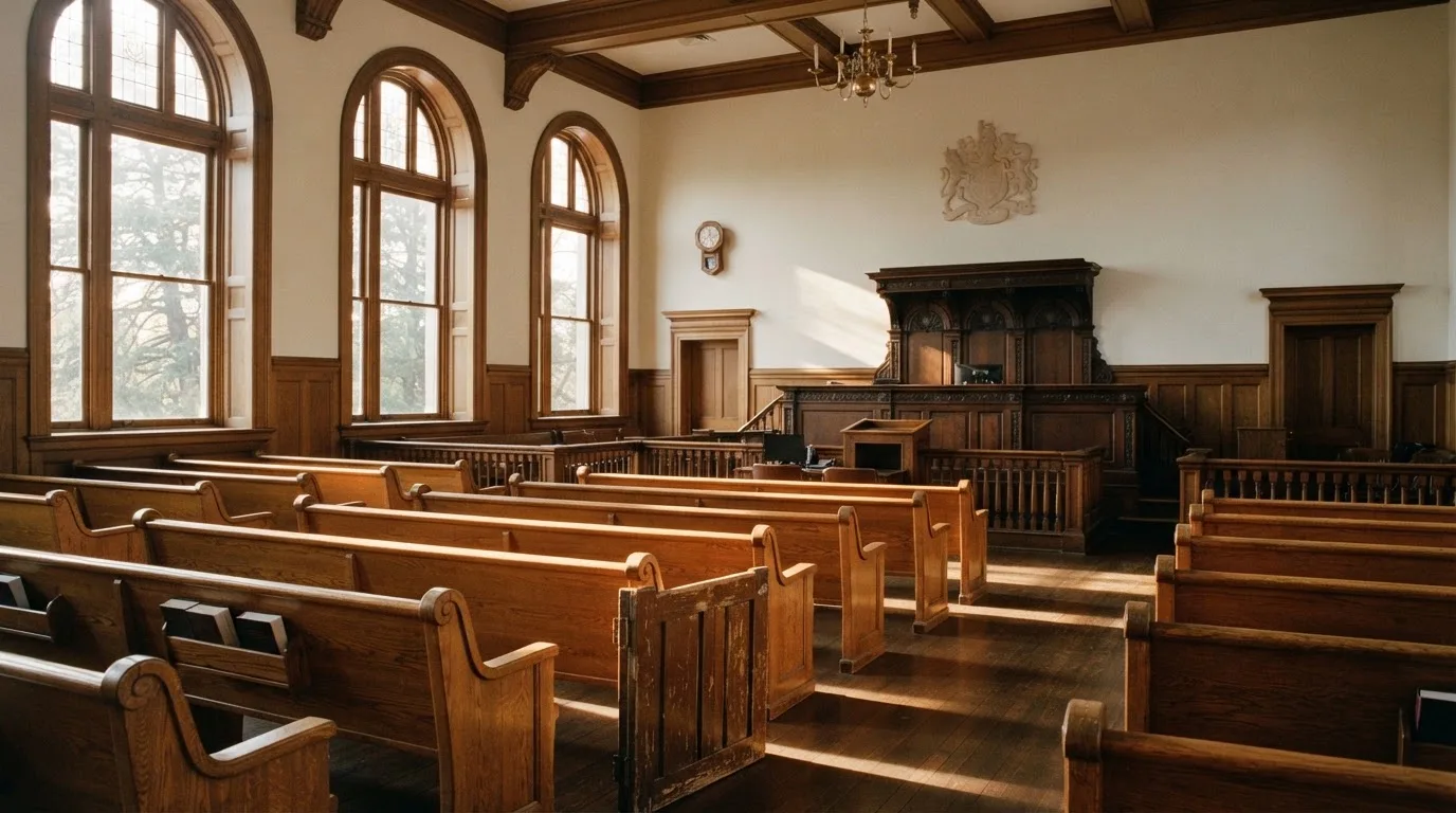 An empty courtroom with wooden benches in morning light