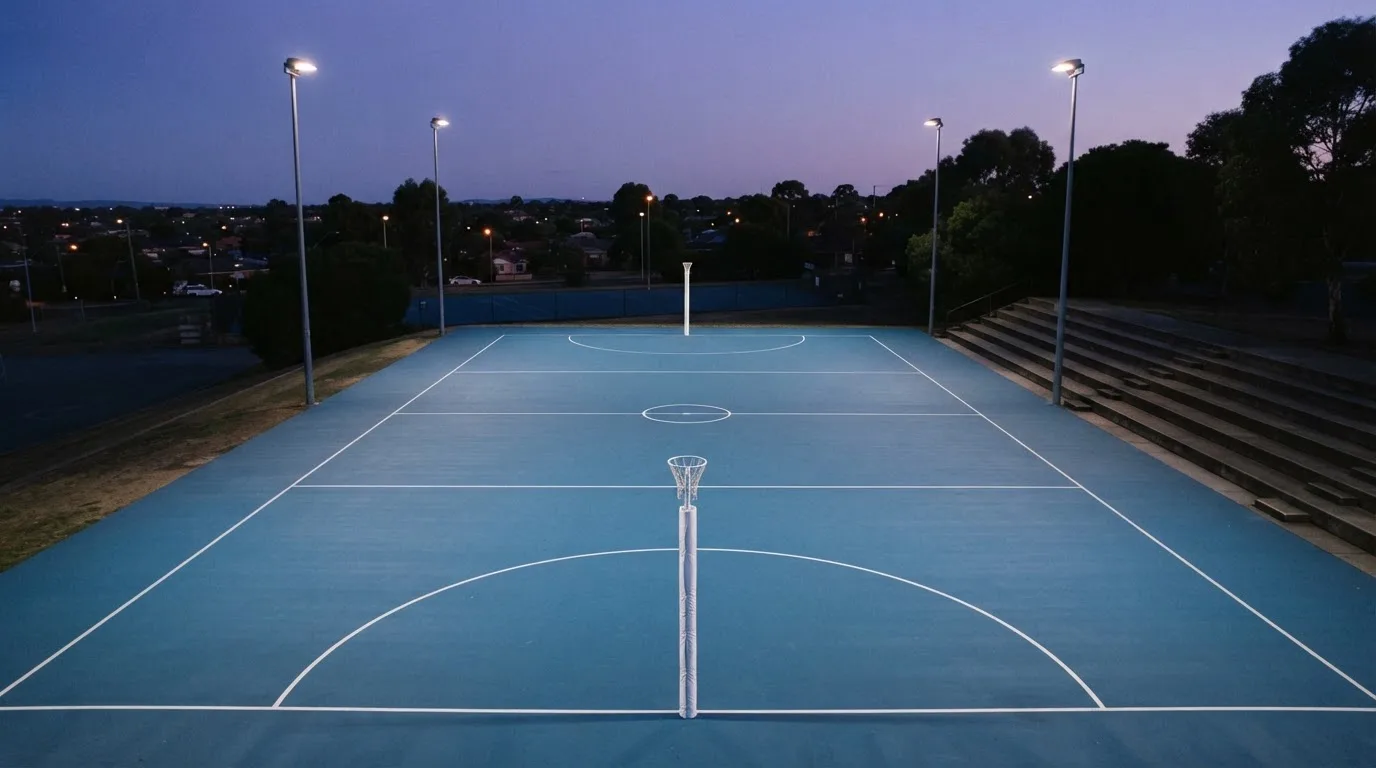 An empty football stadium with floodlight masts at dusk