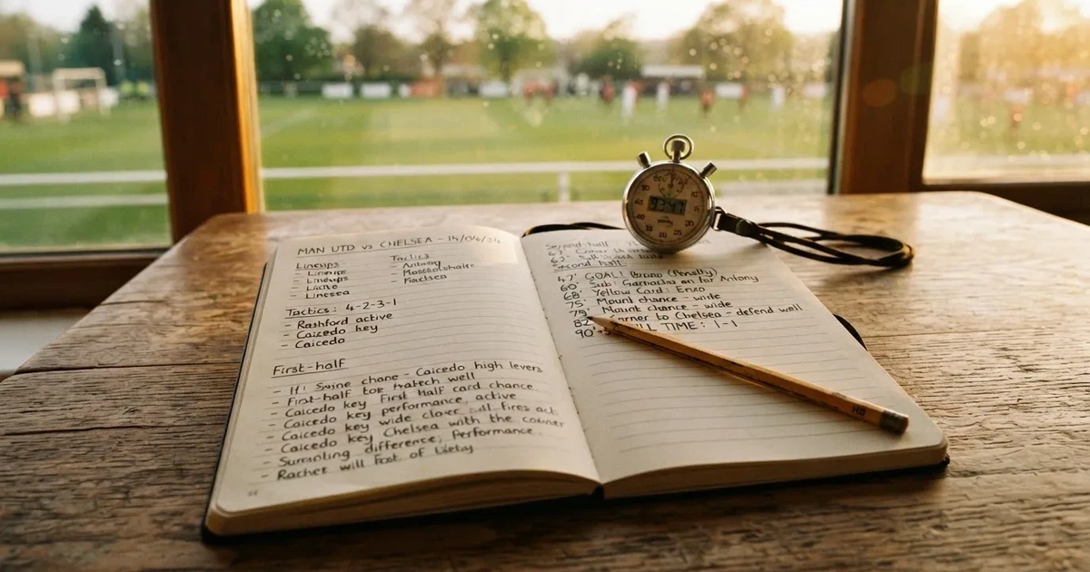 An open notebook with a pencil and a stopwatch on a wooden table