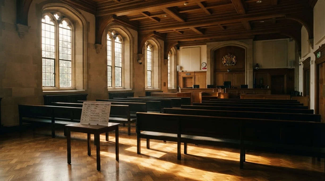 An empty courtroom with wooden benches in morning light