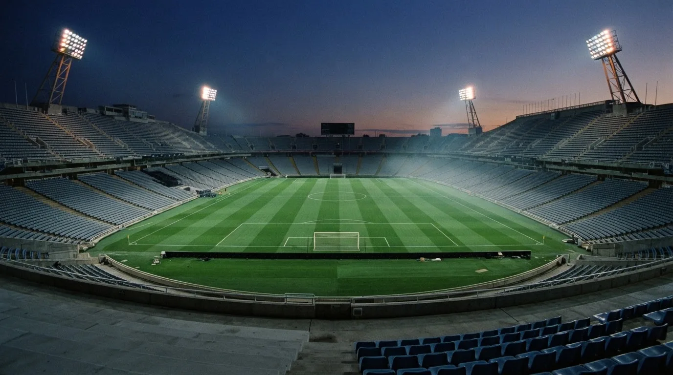 An empty football stadium with floodlight masts at dusk