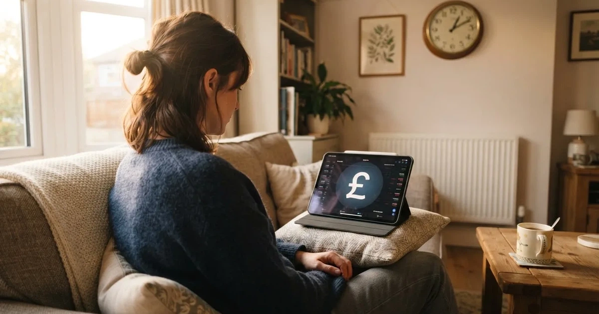 A person on a sofa looking thoughtfully at a tablet, a wall clock in the background