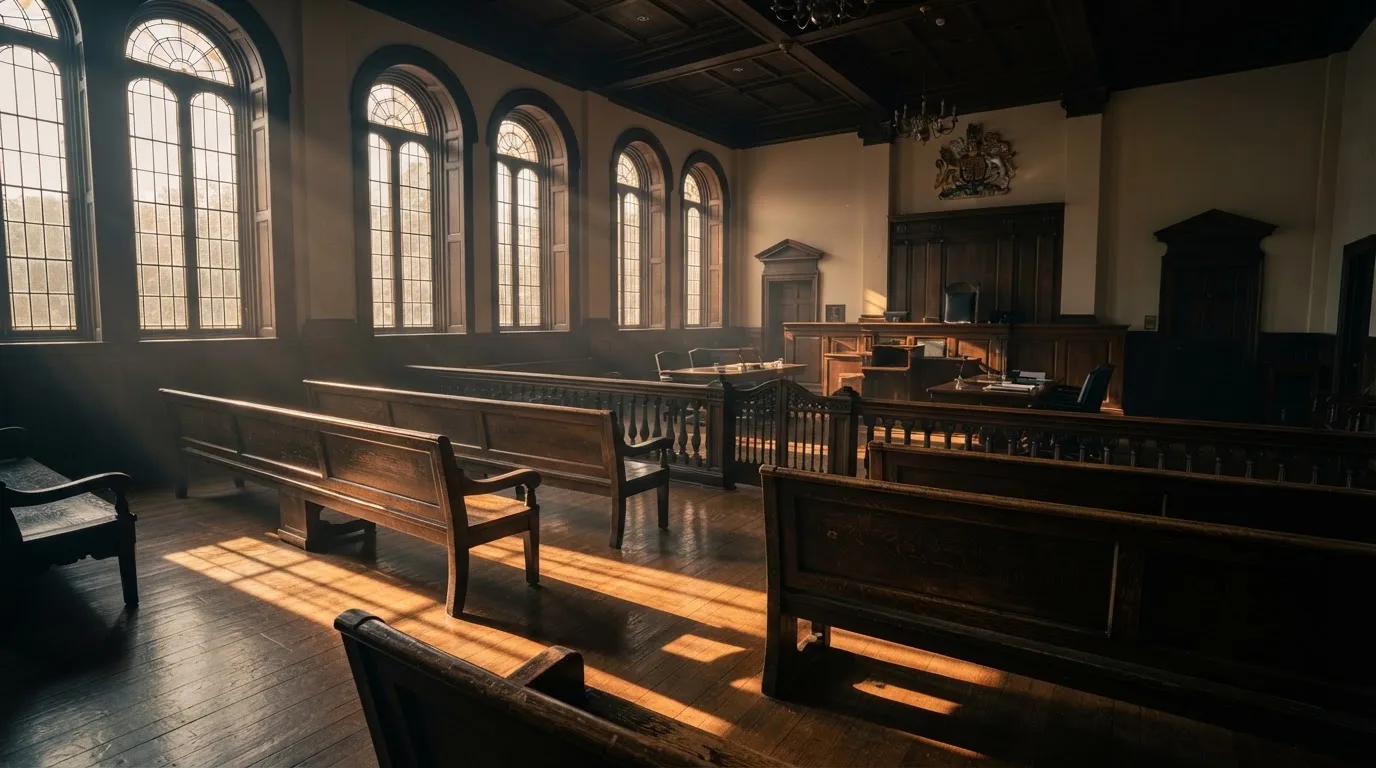 An empty courtroom with wooden benches in morning light