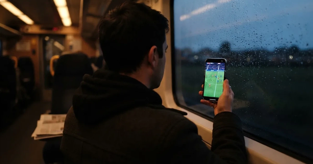 A hand holding a smartphone on a train in the evening, screen turned away