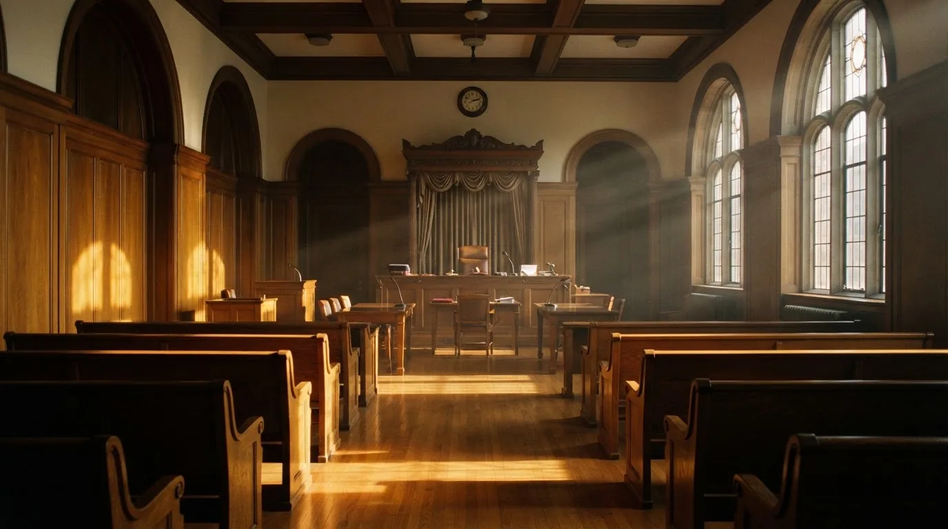 An empty courtroom with wooden benches in morning light