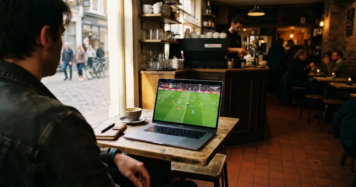 A laptop on a café table by a window onto the street