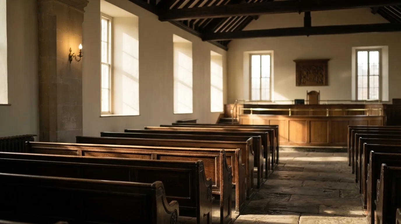 An empty courtroom with wooden benches in morning light