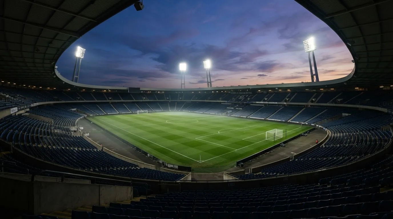 An empty football stadium with floodlight masts at dusk