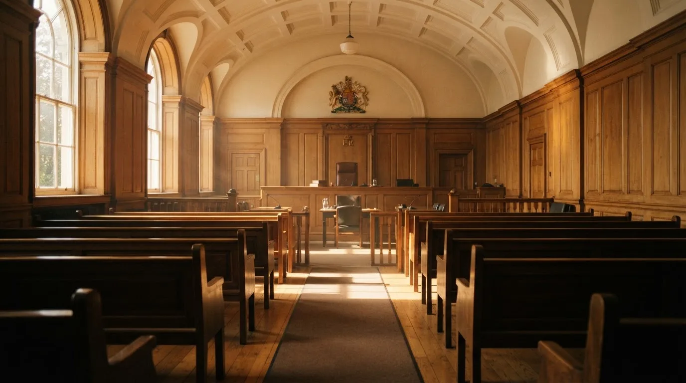 An empty courtroom with wooden benches in morning light