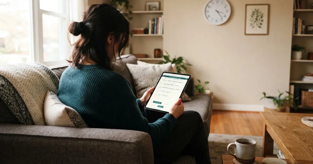 A person on a sofa looking thoughtfully at a tablet, a wall clock in the background