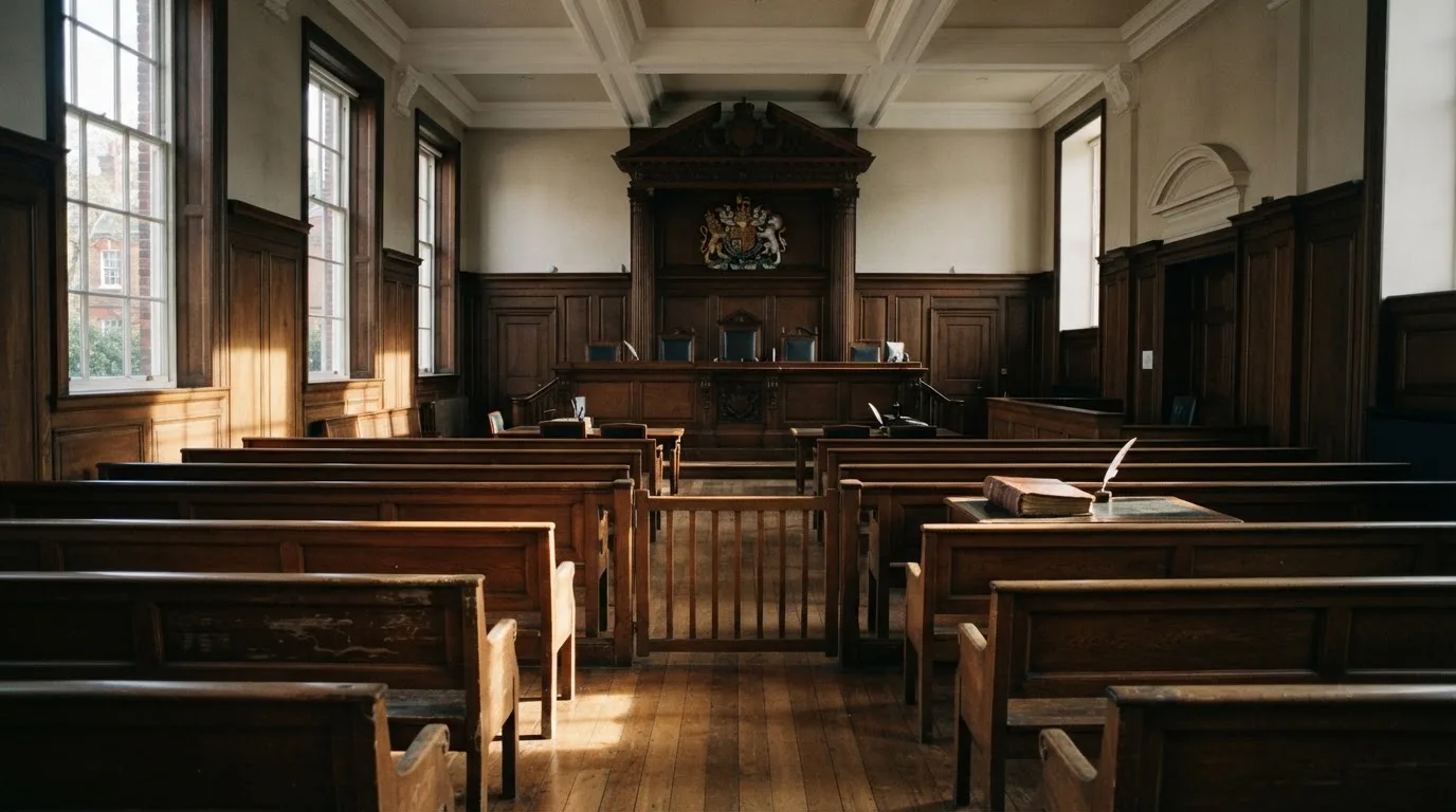 An empty courtroom with wooden benches in morning light