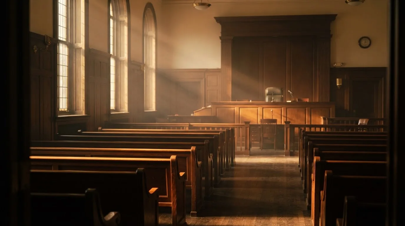 An empty courtroom with wooden benches in morning light