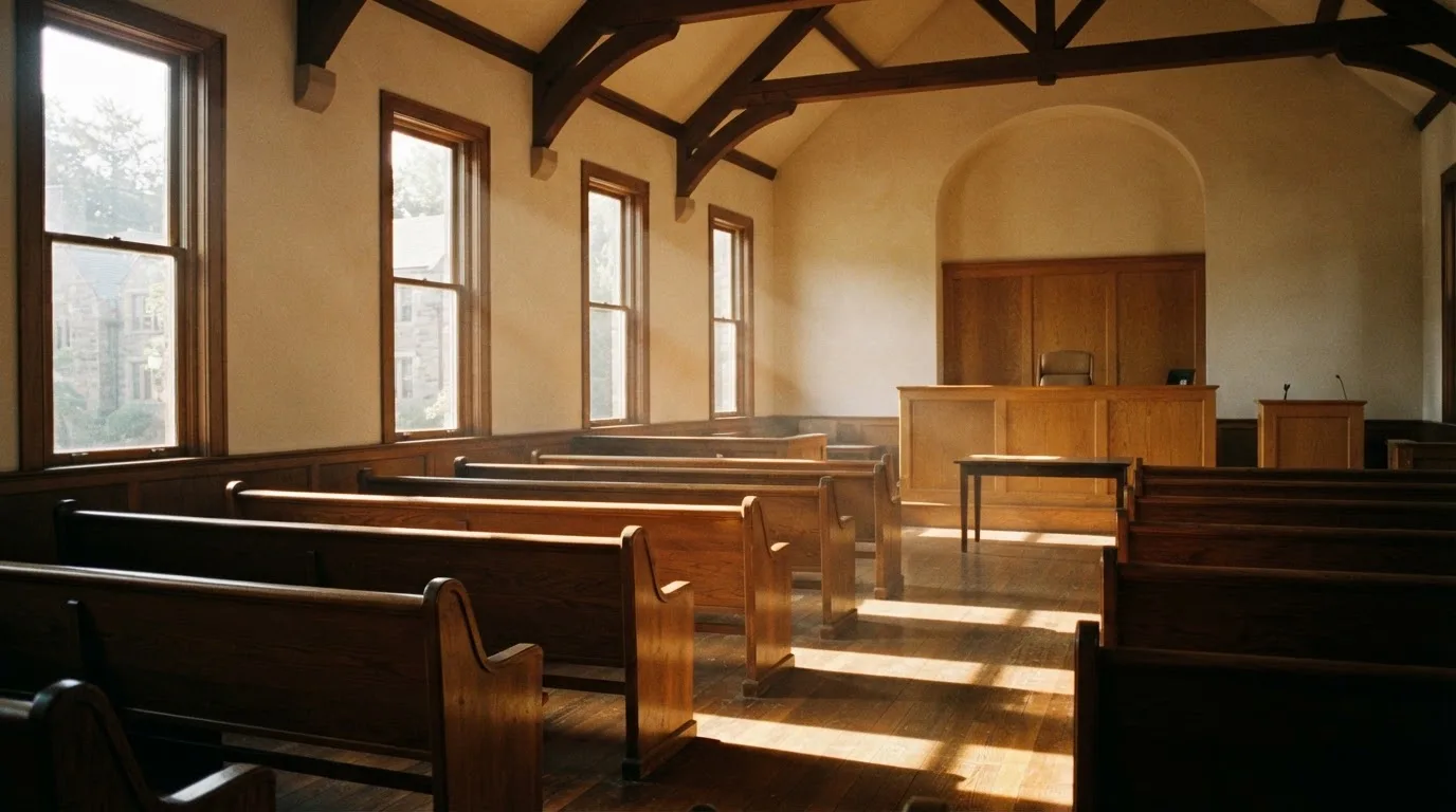 An empty courtroom with wooden benches in morning light