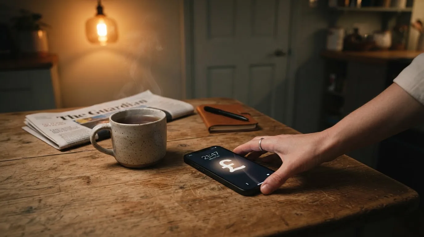 A hand setting a smartphone down beside a cup of tea on a kitchen table on a quiet evening