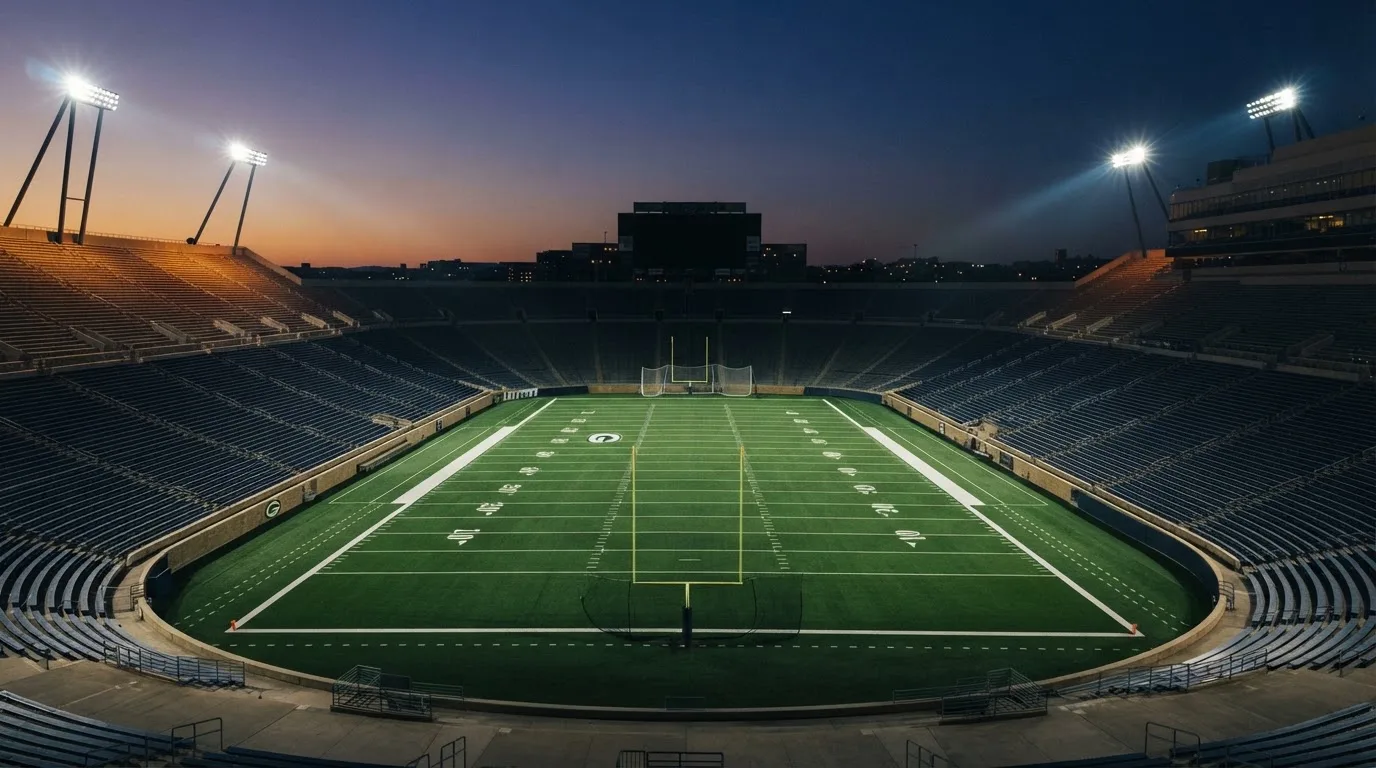 An empty football stadium with floodlight masts at dusk