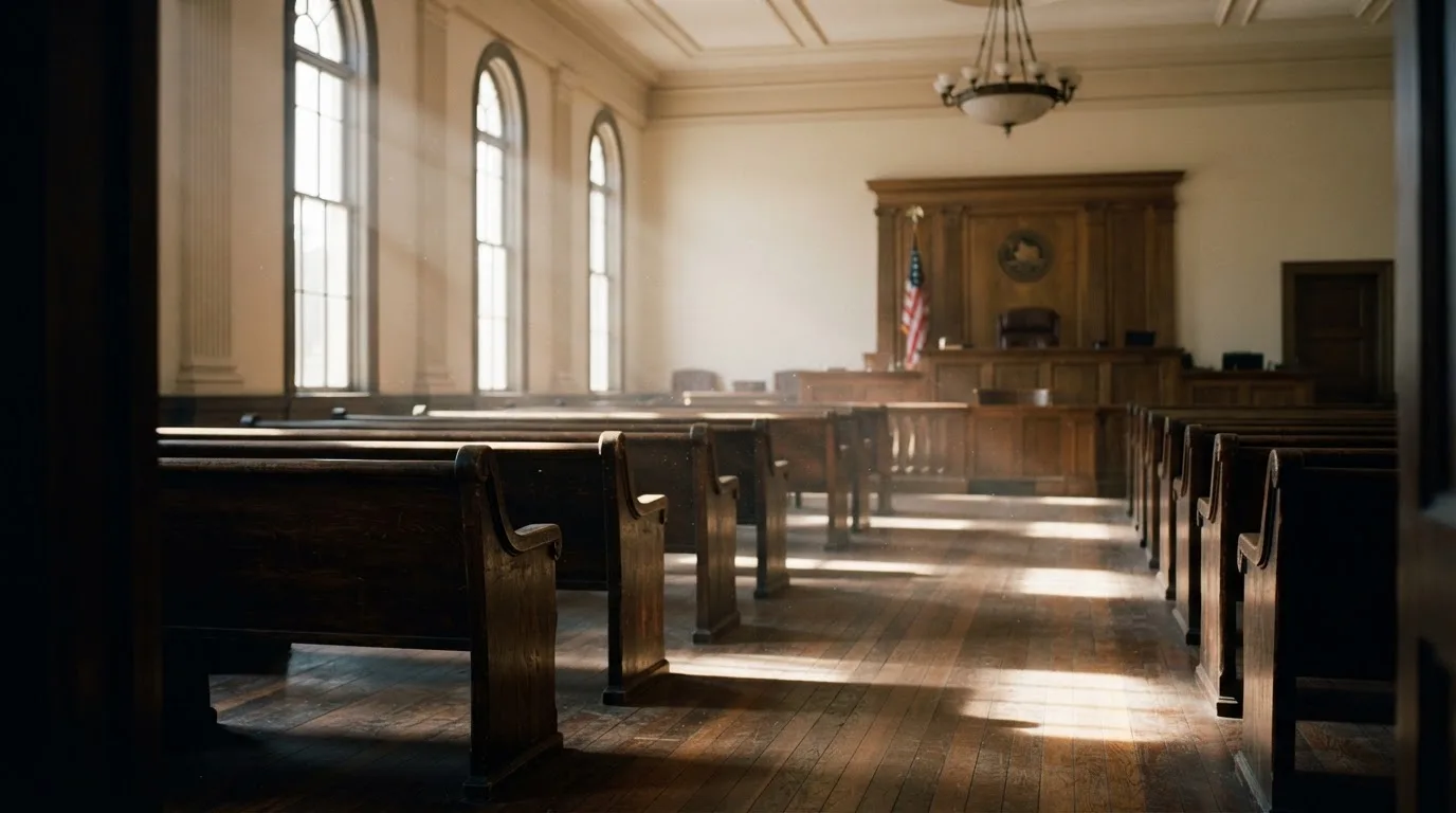 An empty courtroom with wooden benches in morning light