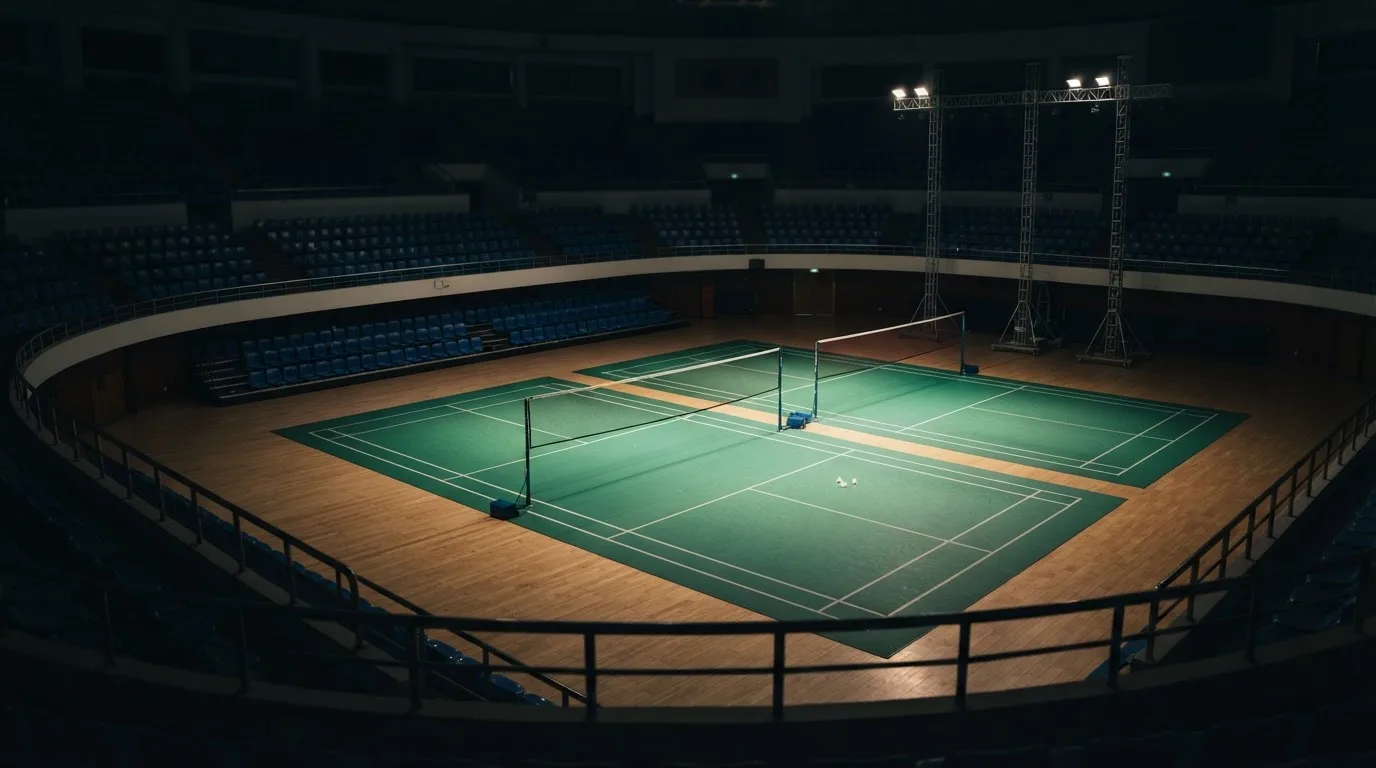 An empty football stadium with floodlight masts at dusk
